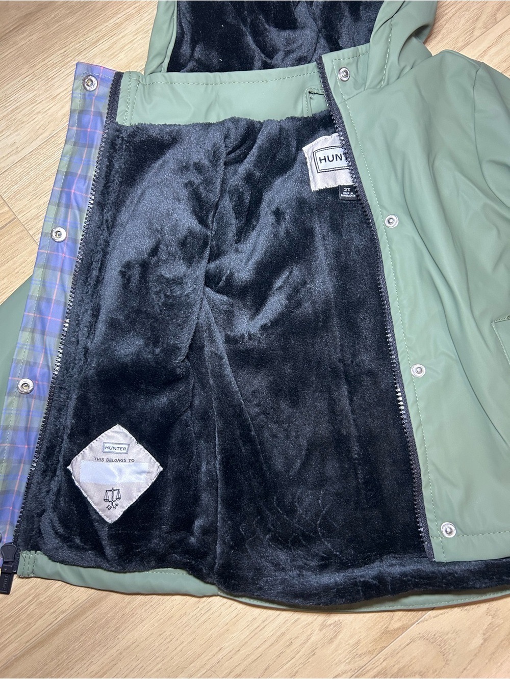 Hunter Kids Olive Green Hooded Raincoat with Black Lining - Picture 3 of 8